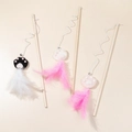 Set of 3 cat wands with wooden poles, felt paws, long feathers and small bells - Cat Paw Feather