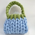 Handmade chunky knit bag in sky blue and green contrast cotton yarn with braided texture - Dark Blue + Grass Green