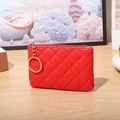 Red quilted PU leather coin purse featuring a diamond pattern and golden keychain ring - Red