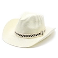 Detail of a beige woven straw cowboy hat featuring a black and white checkered ribbon band - M (56-58cm) / Milk White