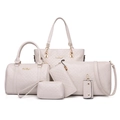Beige 6-piece handbag set featuring tote, satchel, and wallet with lattice pattern - 6-Piece Set / White