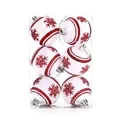 6-pack white Christmas baubles with red glitter snowflakes and silver hanging strings - White with Red Snowflake Style(CJ183)