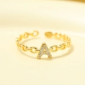 S925 Silber vergoldeter Initialen Ring A mit weißen Zirkonia und Kettenband - Gold-Buchstabe A