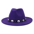 Detail of a purple wool fedora hat featuring a black faux leather band with silver studs - Purple