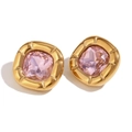 Vintage 18K gold plated rounded square earrings with pink zircon stone and engraved edges - Earrings-Gold-Pink Zircon