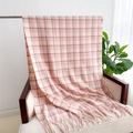 Close-up of pink and beige plaid cashmere-feel scarf with elegant fringe detail - Pink & Beige Plaid Type 2 (WT142-2)