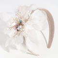 Elegant beige headband with a large white organza flower and colorful beaded crystals - White