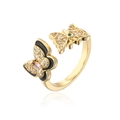 Detailed shot of golden butterfly ring with black enamel and colorful zircons - Adjustable Open / Gold/Black (12328)