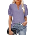 Women's purple V-neck t-shirt with delicate hollow dot texture and puff sleeves - M / Purple