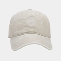 Close-up of sun embroidery and washed cotton texture on beige vintage baseball cap - Adjustable / Beige With White Embroidery