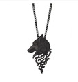 Close-up of black wolf head pendant with tribal totem detail on metal chain necklace - Gunmetal
