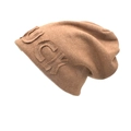 Braune Strickmütze mit Lucky-Patch und Vintage-Distressed-Rand für Damen im Herbst - M (56-58cm) / Khaki