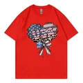 T-shirt rouge en coton avec motif cœur drapeau USA et imprimé léopard, col rond été - Rouge 317