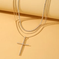 Three-layer gold necklace set with pearl chain and large rhinestone cross pendant - HS1459-17 Gold Iced Out Tennis Chain Cross Necklace