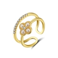 Golden double-layer open ring featuring zircon pave and elegant freshwater pearl clover - Clover Double Layer Open (GPR22-14K)