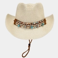 Sombrero de sol bohemio con ala ancha, cinta étnica y dijes de conchas turquesas - Talla única / Beige