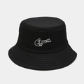 Detailed close-up of white PEW PEW hand gun embroidery on a black cotton bucket hat - Black