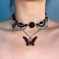 Gothic multilayer necklace with red butterfly and rose pendants for women - Black Beaded Rose Butterfly Gothic Necklace