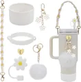 White 40oz tumbler DIY accessory set featuring daisy charms and woven handle - White
