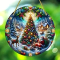 Round acrylic Christmas ornament with Santa, reindeer, and tree in stained glass style - 15x15cm