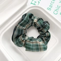 Green plaid fabric scrunchie with classic tartan pattern in an eco-friendly paper box - 1075F Dark Green White Plaid Scrunchie