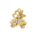 Golden Christmas double bell pendant with white pearls and sparkling zircons on white backdrop - Gold Pearl Christmas Double Bell
