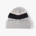Fuzzy wool knit beanie with striped grey and black patterns for winter warmth - One Size / Light Gray