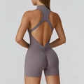 Grey-purple ruched yoga bodysuit featuring a high neck and backless criss-cross straps - Cloud Grey