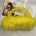 Handmade vibrant yellow beaded handbag featuring ostrich feathers for evening party fashion - Yellow