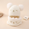 Winter baby knit hat and scarf set with cute animal embroidery and plush pom-poms - White