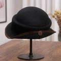 French vintage wool cloche hat in black with brown trim and vintage metal emblem - M(56-58cm) / Black