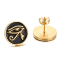 Elegant gold titanium steel stud earrings with black Eye of Horus enamel design - Eye of Horus Gold Black Style (KE64626-K)