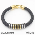 Bracciale punk da uomo in pelle nera intrecciata con anelli bicolore oro argento e 220mm - Oro (KB188290-KLHQ)