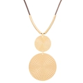 Double circle pendant necklace with spiral texture and brown cord in golden finish - Double Disc Pendant Necklace (G-042) / Gold