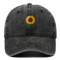 Gorra de béisbol vintage negra lavada con bordado de girasol y diseño de algodón de seis paneles - Ajustable / Negro