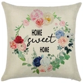 Linen pillow cover with floral wreath design and Home sweet Home text in square shape - 18x18 Inch / Home Sweet Home Wreath (LYD444-4)