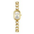 Detail of gold oval watch with crystal-encrusted metal band and Roman numerals - Gold White
