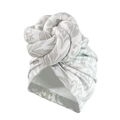 White faux suede turban hat featuring a grey baroque floral knot and twisted donut top - 10375/Grey Damascus
