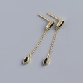 S925 sterling silver gold-plated long chain earrings with black zircon marquise pendant - Gold (Black Zirconia)
