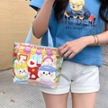 Small canvas handbag with cartoon rabbit prints and light blue woven handles - Cute Rabbit Home