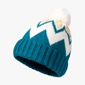 Women's winter knit beanie with thick jacquard stripes and white fluffy fur pompom - Blue