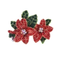Elegant red rhinestone flower brooch with green leaf accents on a metallic base - XD823177 Multi-color Flower
