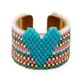 Handgefertigter Miyuki-Perlenring mit goldenem Metallband und buntem böhmischem Webmuster - Blaues Herzmuster (MI-R23061401A)