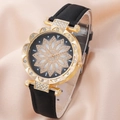 Elegant gold diamond-encrusted quartz watch with sunflower dial and black leather strap - Watch Only / Black