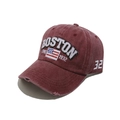 Detail of distressed brim and BOSTON embroidery on burgundy washed cotton baseball cap - M (56-58cm) / Burgundy