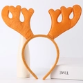 Detailed view of orange plush reindeer antler headband on a white cylindrical stand - Antler