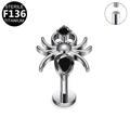 G23 Titanium spider piercing stud with black gem and internal threading for lip or ear - Spider Design (G23LAI051-S)