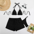 Detailed flat lay of three-piece black halter bikini set with ruffled drawstring shorts - S / Black