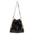 Sparkly black sequin drawstring bucket bag with yellow tassels and gold chain strap - Black