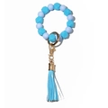 Glow-in-the-dark blue silicone beaded keychain wristlet with leather tassel detail - Blue